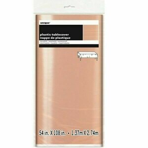 May include: A rose gold plastic table cover with the text "unique" and "plastic tablecover nappe de plastique" in black. The text "reusable washable waterproof" and "r&eacute;utilisable lavable imperm&eacute;able" is also in black. The table cover measures 54 inches by 108 inches or 1.37 meters by 2.74 meters.
