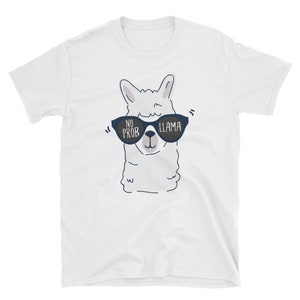 May include: White t-shirt with a cartoon llama wearing sunglasses that say "No Prob Llama".