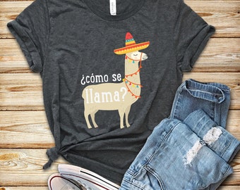 Puede incluir: Una camiseta gris oscura con una llama blanca que lleva un sombrero de colores y una cadena de luces. El texto en la camiseta dice "¿cómo se llama?"