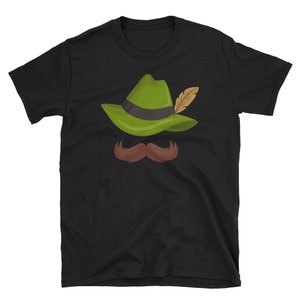 May include: Black t-shirt with a green and brown cartoon hat and mustache.