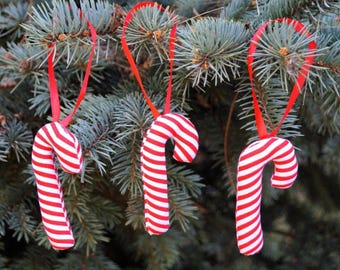 Handmade Candy Cane Ornaments - Set of 3 Red and White Striped Christmas Decorations