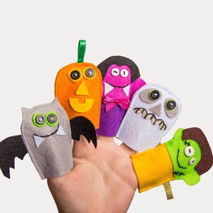 Halloween-vingerpoppenset – handgemaakt vilten speelgoed, cadeau voor griezelige verhalen voor kinderen