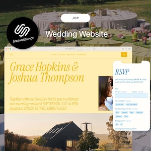 May include: A wedding website design on a laptop and a mobile phone. The website displays the names "Grace Hopkins & Joshua Thompson" and an RSVP form. The Squarespace logo is in the upper left corner.
