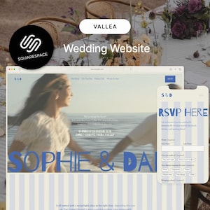 May include: A Squarespace wedding website design with the text "VALLEA" and "Wedding Website". The website design is displayed on a laptop and a smartphone, featuring a light blue and white striped background and the text "SOPHIE & DA".