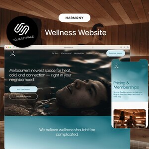 May include: A Squarespace website design for a wellness center, featuring a desktop and mobile view. The website showcases a spa setting with text that reads "Melbourne's newest space for heat, cold, and connection - right in your neighborhood."
