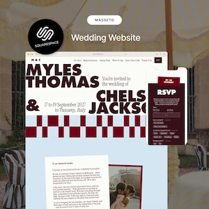 May include: A wedding website design with the Squarespace logo, featuring the names Myles Thomas and Chels Jacks, with the date September 17-19, 2027, in Tuscany, Italy. A mobile RSVP form is also displayed.