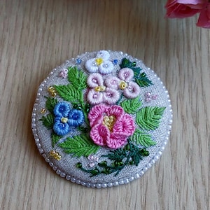 Embroidered textile brooch, Linen brooch pin handmade, Wearable art brooch cottagecore birthday gift
