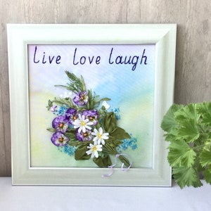 Flowers embroidered picture/ Wildflowers embroidered wall art in framed /Hand ribbon embroidery /Guest room decor /Size 12.5 &quot;x 12.5&quot;