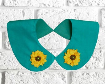 Detachable collar Peter Pan style collar Embroidered sunflower on removable greenish blue  cotton collar
