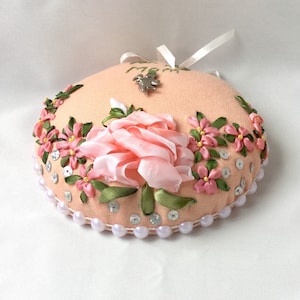 Needle sewing pin cushion handmade with ribbon embroidery Mother's day tailor gift, great grandma gift