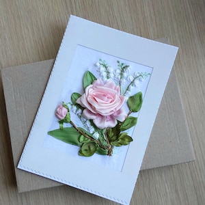 Band-Stickerei-Gruß-Karte handgemachtes wunderliches Rose und Maiglöckchen 4th Jahrestag Geschenk für Sie. Geschenk zum 40., 80. Geburtstag