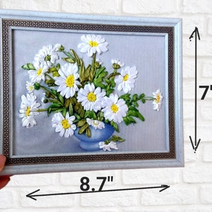 Daisies picture in frame Finished voluminous Ribbon Embroidery Country house interior Gift for Mother’s Day, birthday, Christmas