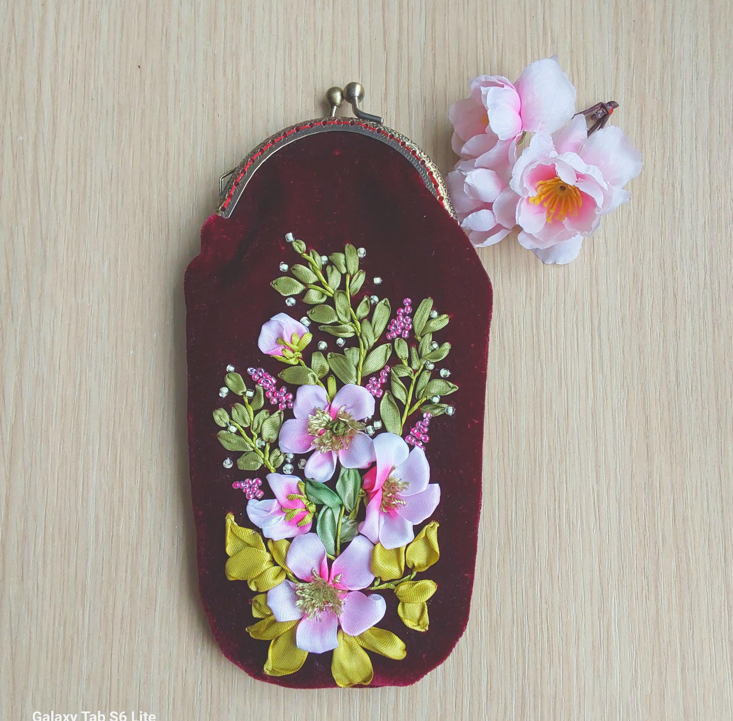Burgundy Glasses Case. Flower Embroidered Velvet Eyeglasses 