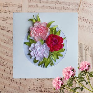 Pfingstrose 3d gestickte Postkarte, Grußkarte, helles Geburtstagsgeschenk für Sie, perfekt für jeden Anlass, handgemachte Geburtstagskarte mit Geschenkbox