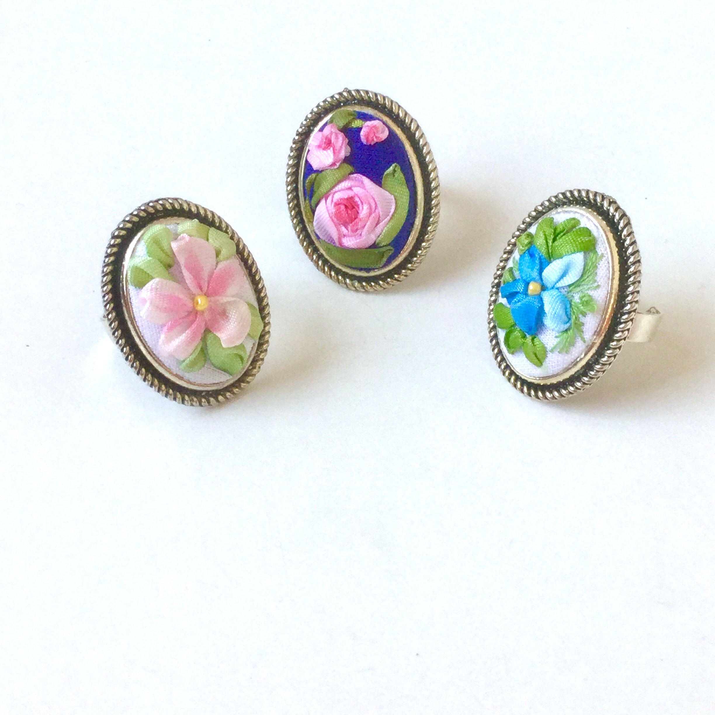 Flower embroidered ring large oval adjustable ring handmade  etsy