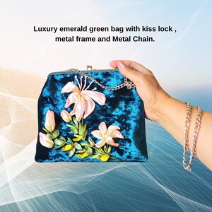 Emerald Green Velvet Clutch: Lily Embroidery Kiss Lock Frame Bag