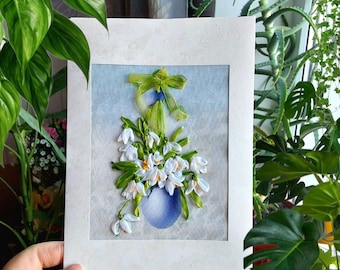 Snowdrops Handmade Greeting Card: 3D Silk Ribbon Embroidered Postcard