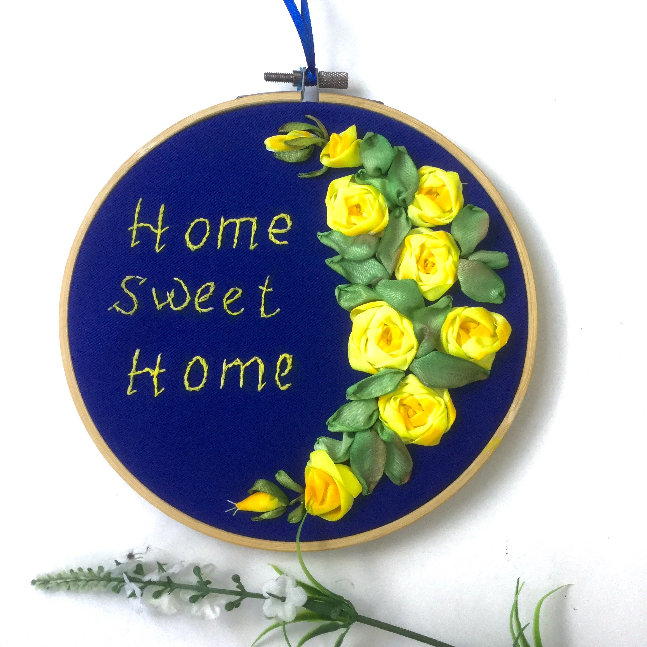 Yellow rose embroidery hoop art home sweet home sign etsy Yellow rose embroidery hoop art home sweet home sign etsy