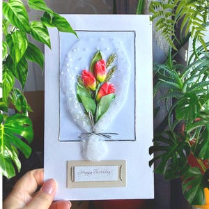 Cartão de felicitações de tulipas, Cartão postal bordado feito à mão, Cartão de fita de seda, Presente de casamento para casal, Presente de aniversário de 40, 50, 60 anos
