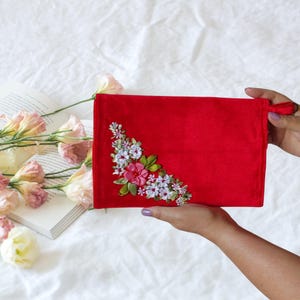 Red velvet clutch purse, Embroidered envelope clutch handmade, Gift for anniversary mom, gift for grandmother, for godmother, mother-in-law