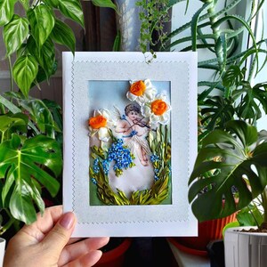 Carte de voeux brodée de Pâques à la main Ruban de soie Broderie à la main 3D Carte postale de vacances pour parents, pour grand-mère