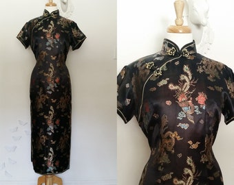 Vintage Black Silk Cheongsam Qipao Dress with Dragon and Phoenix Embroidery L-XXL