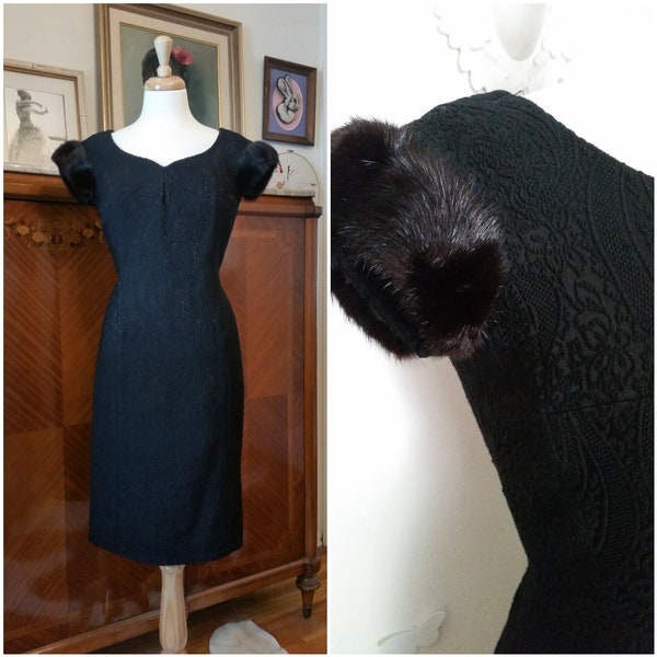 Vintage 1950's Black Brocade Wiggle Cocktail Dress with Mink Fur Capped Sleeves
