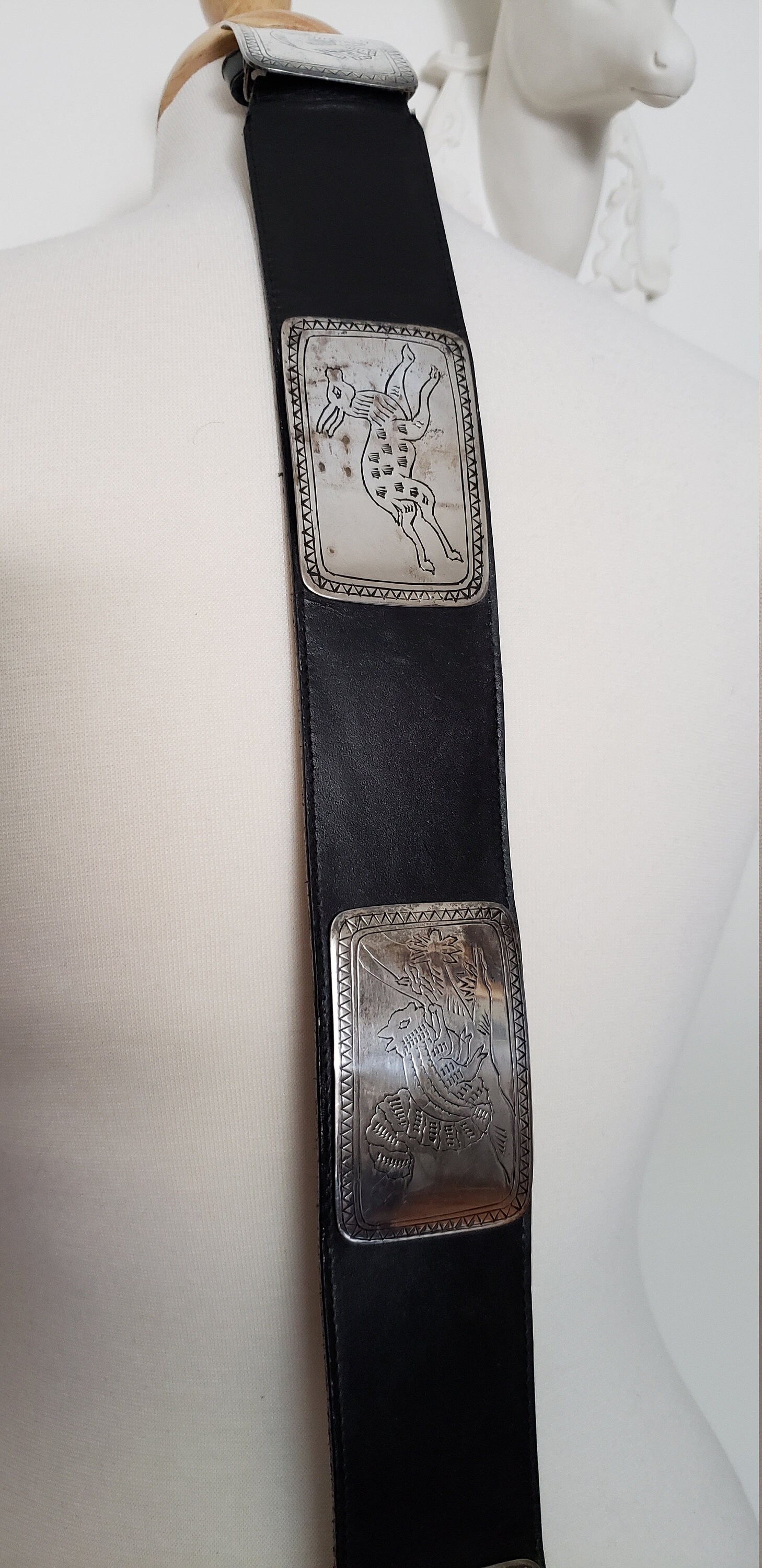 Vintage Unisex Black Leather Belt With Silver Plated Animal 