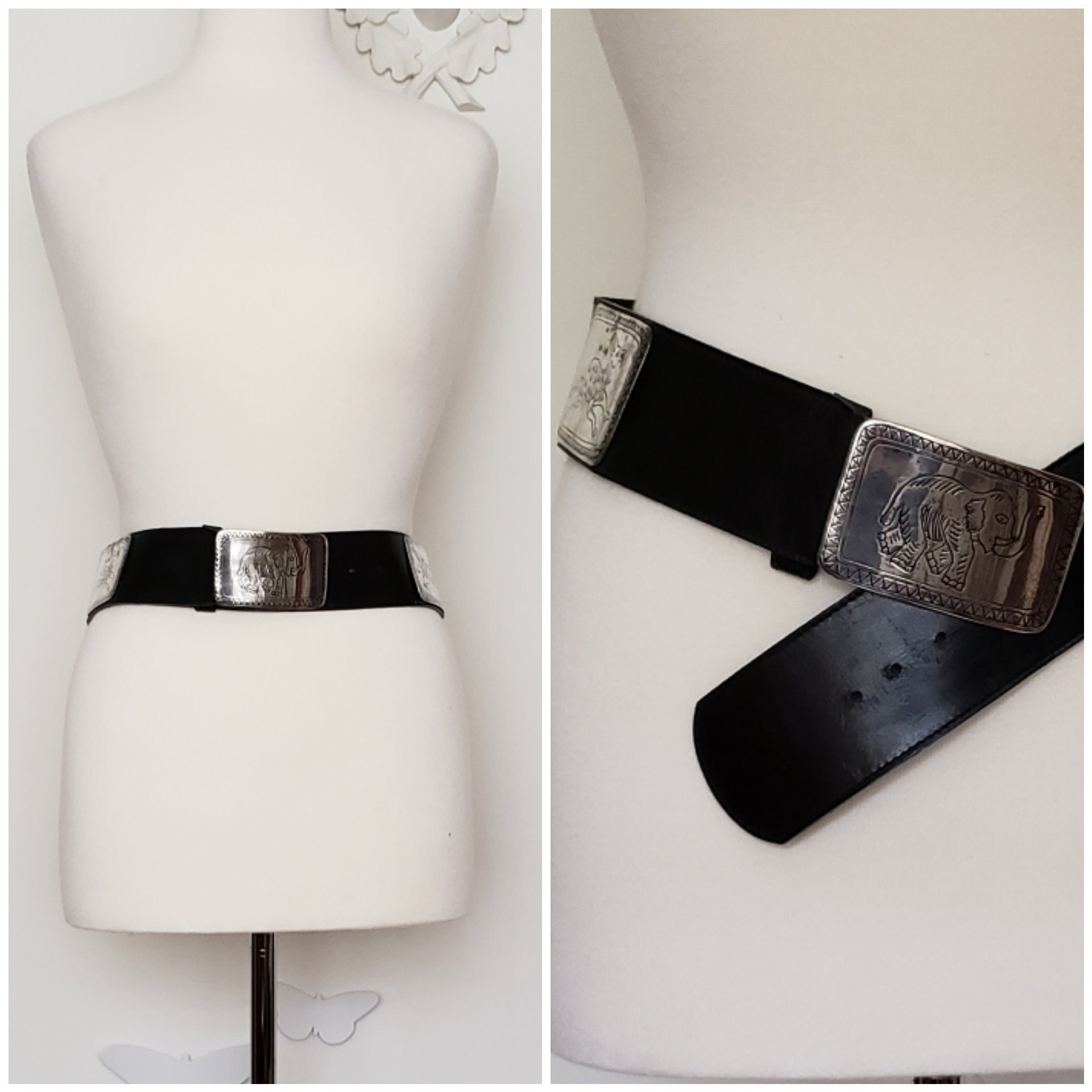 Black Genuine Leather Belt with Silver Animal Accents Vintage Unisex Black Leather Belt With Silver Plated Animal  main image 2