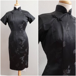 1950's Black Satin Dragon Brocade Cheongsam Wiggle Dress || 50's Cocktail Dress || Pinup Dress || Quipao Dress || Vintage Party Dress