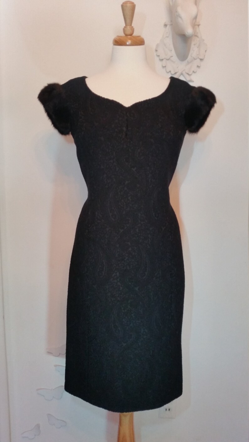 Vintage 1950's Black Brocade Wiggle Cocktail Dress With Mink Fur Capped ...