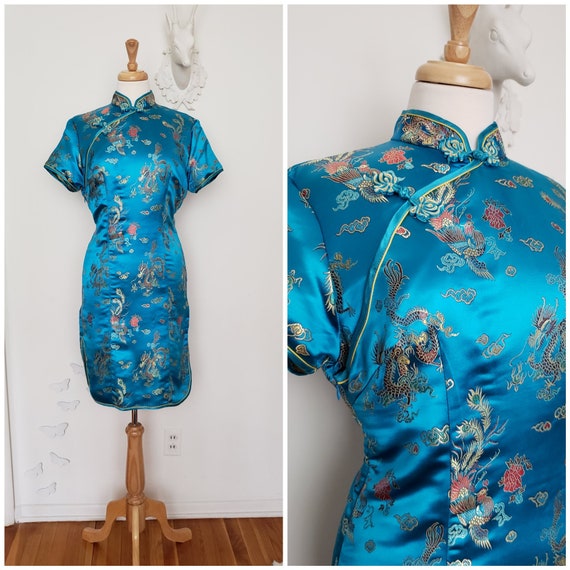 UK Stock Turquoise Dragon /& Phoenix Chinese Short Evening Party Dress Cheongsam