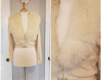 1950s Cashmere and Arctic Fox Fur Collar Cardigan | Rhinestone and Pearl Clasp | Cream Cardigan Sweater | Bad Girl Sweater | Holiday Sweater