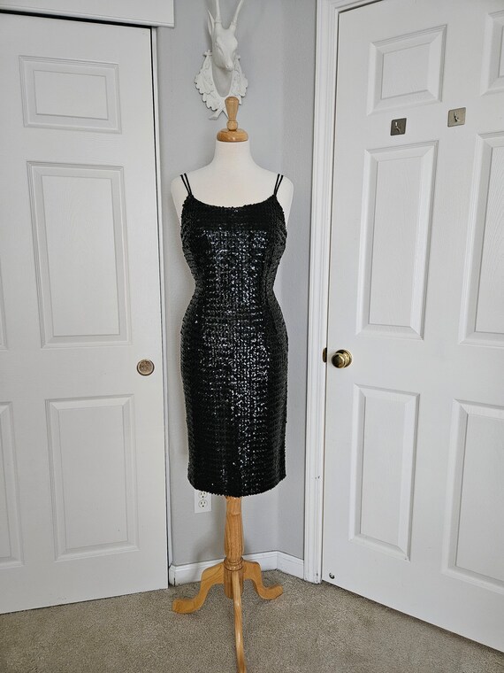 1950's Black Sequin Wiggle Dress | 50's Cocktail Dress | Spaghetti Strap Dress | Formal Event Dress | Plunge Neckline