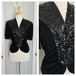 1940&#39;s Black Rayon and Sequin Zip Up Blouse wth Gathers at Waist | 40&#39;s Cocktail Top | Formal Blouse | Peplum Top | Holiday Blouse
