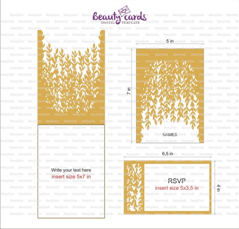 Download Paper Ai Svg Dxf Cdr Wedding Invitation Template Envelope 5x7 Branches Tree Leaves Papercut Diy Silhouette Cameo For Laser Cut Cricut Paper Party Supplies