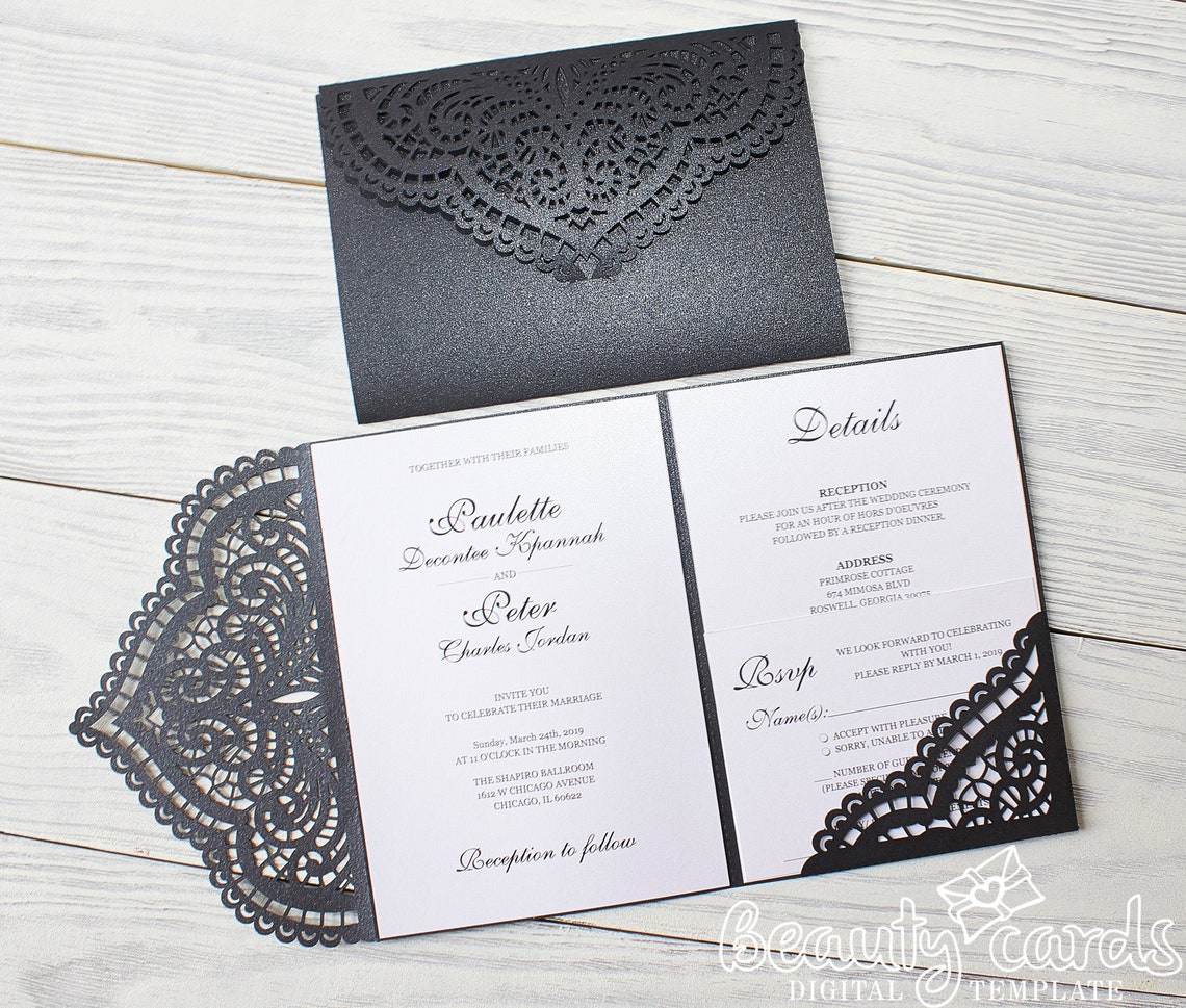 Lace wedding Invitation template SVG envelope trifold for Etsy
