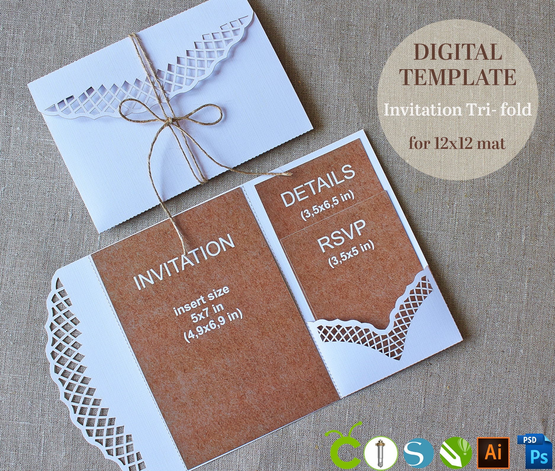 DIY Pocket Wedding Invitation template TriFold rustic 5x7 Etsy