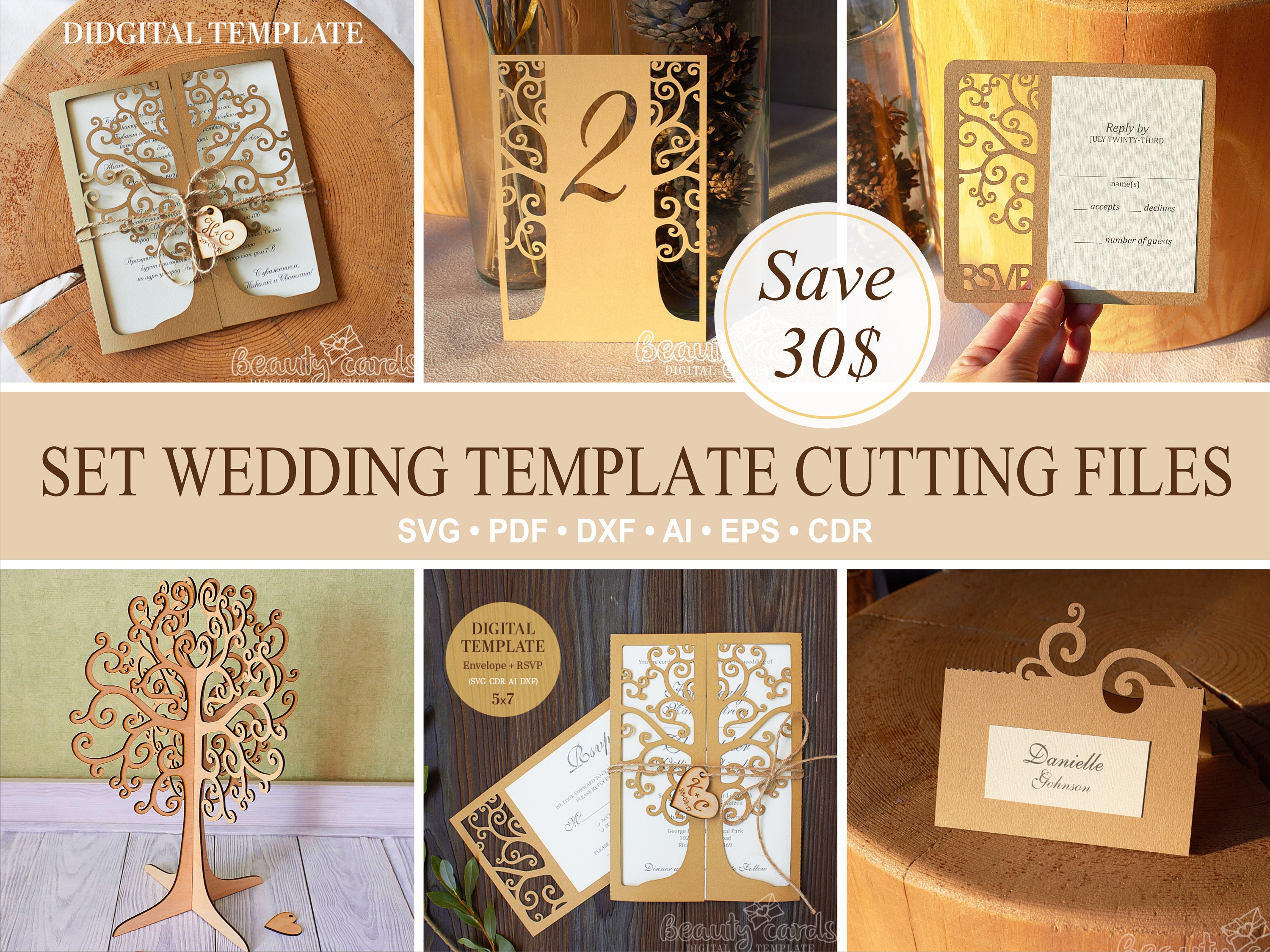 Download Tree Wedding Invitation Set Card Laser Cut Template Cricut Ai Svg Dxf Png Cdr