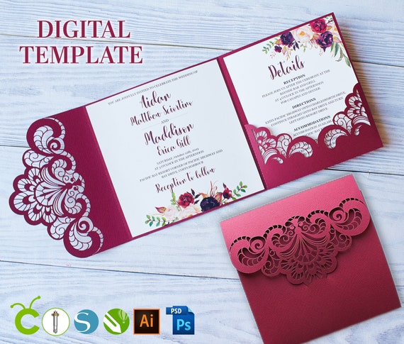 Download Wedding Invitation Square Template Pocket Tri Fold Ornamental Etsy
