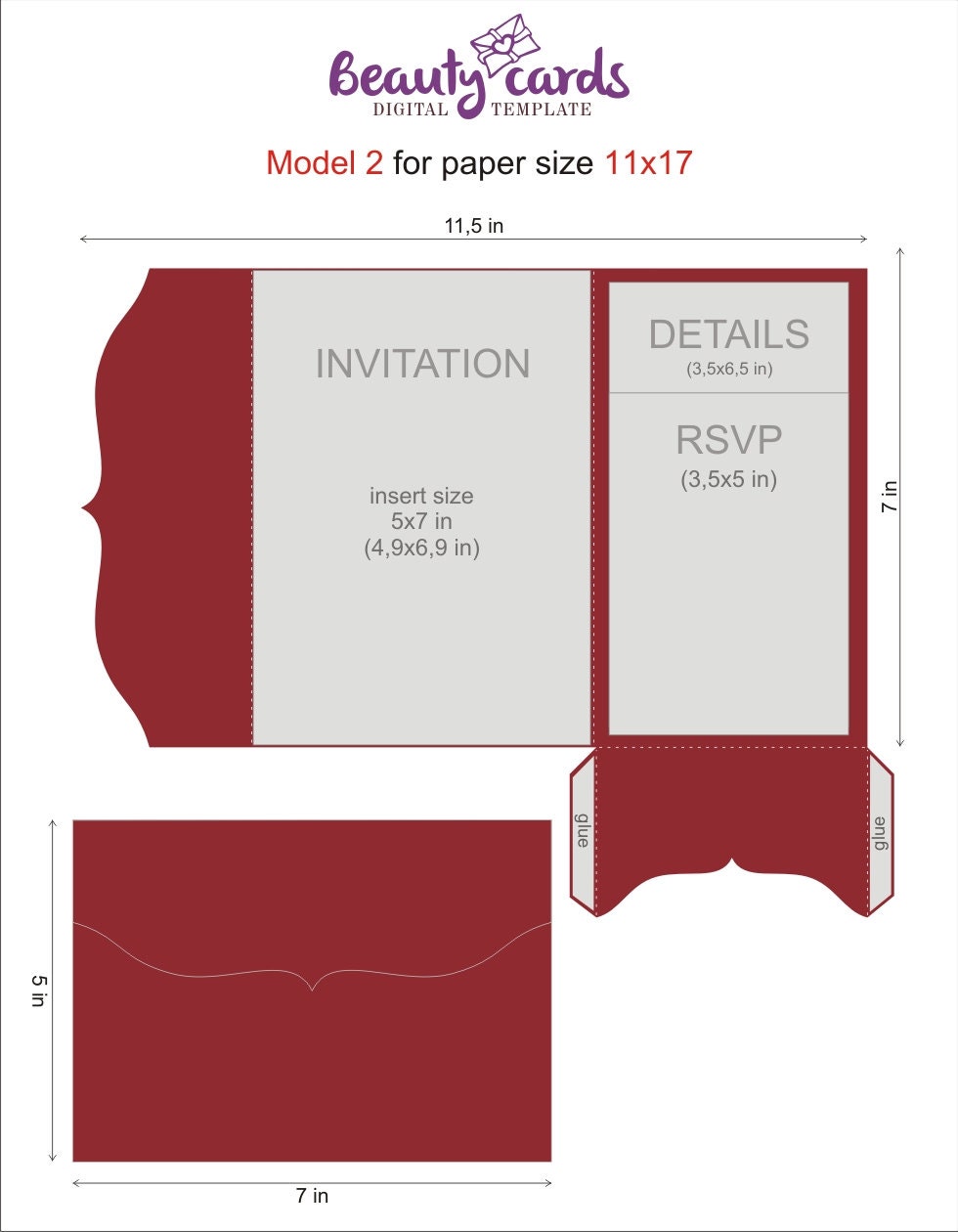 Classic trifold pocket wedding Invitation svg template 5x7 Etsy