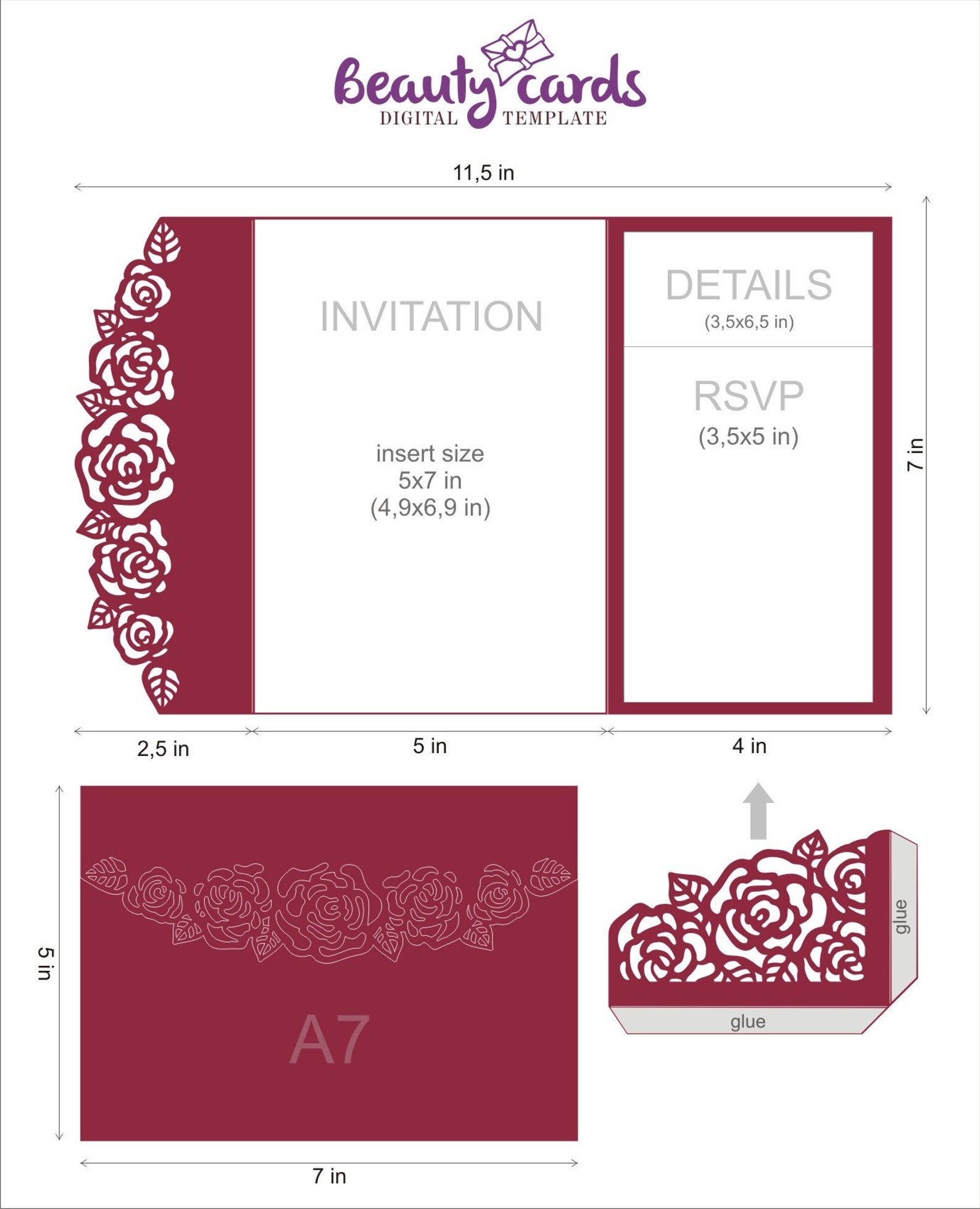DIY Pocket Wedding Invitation template TriFold flower rose Etsy
