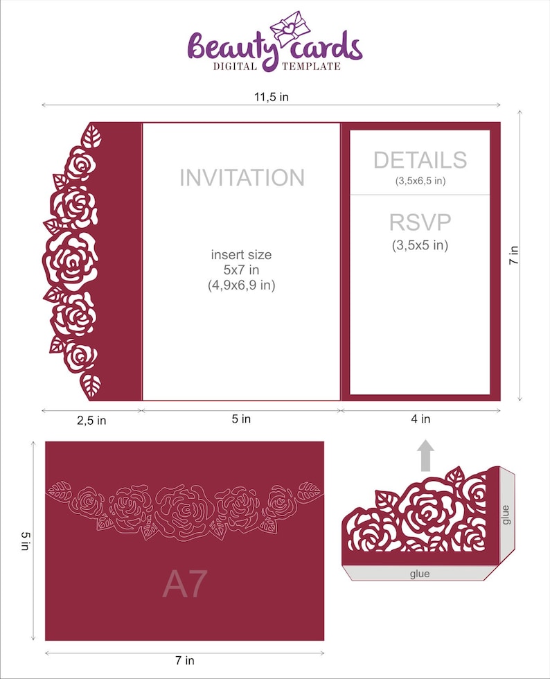 DIY Pocket Wedding Invitation Template Trifold Flower Rose Etsy Canada