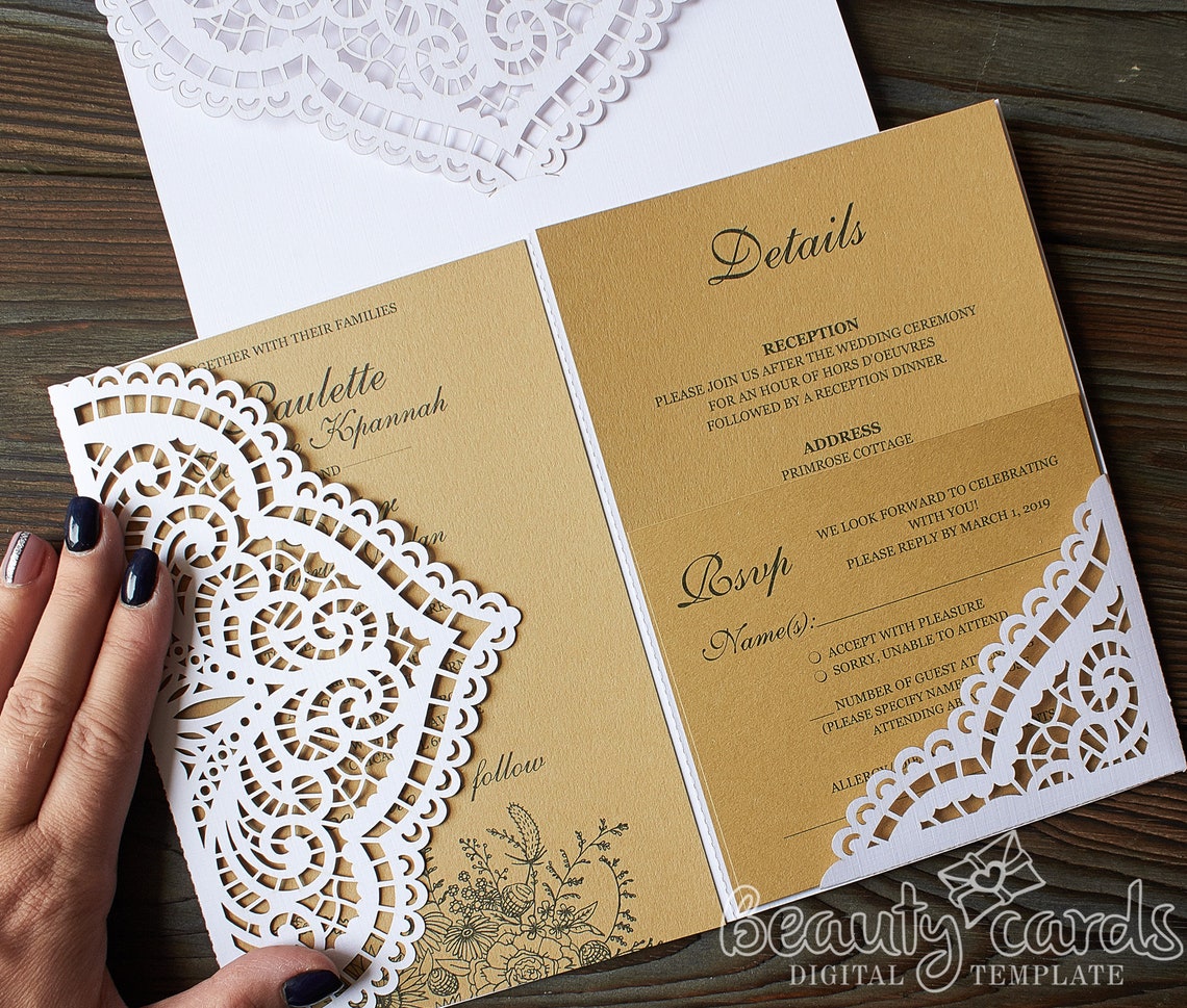 Lace wedding Invitation template SVG envelope trifold for Etsy