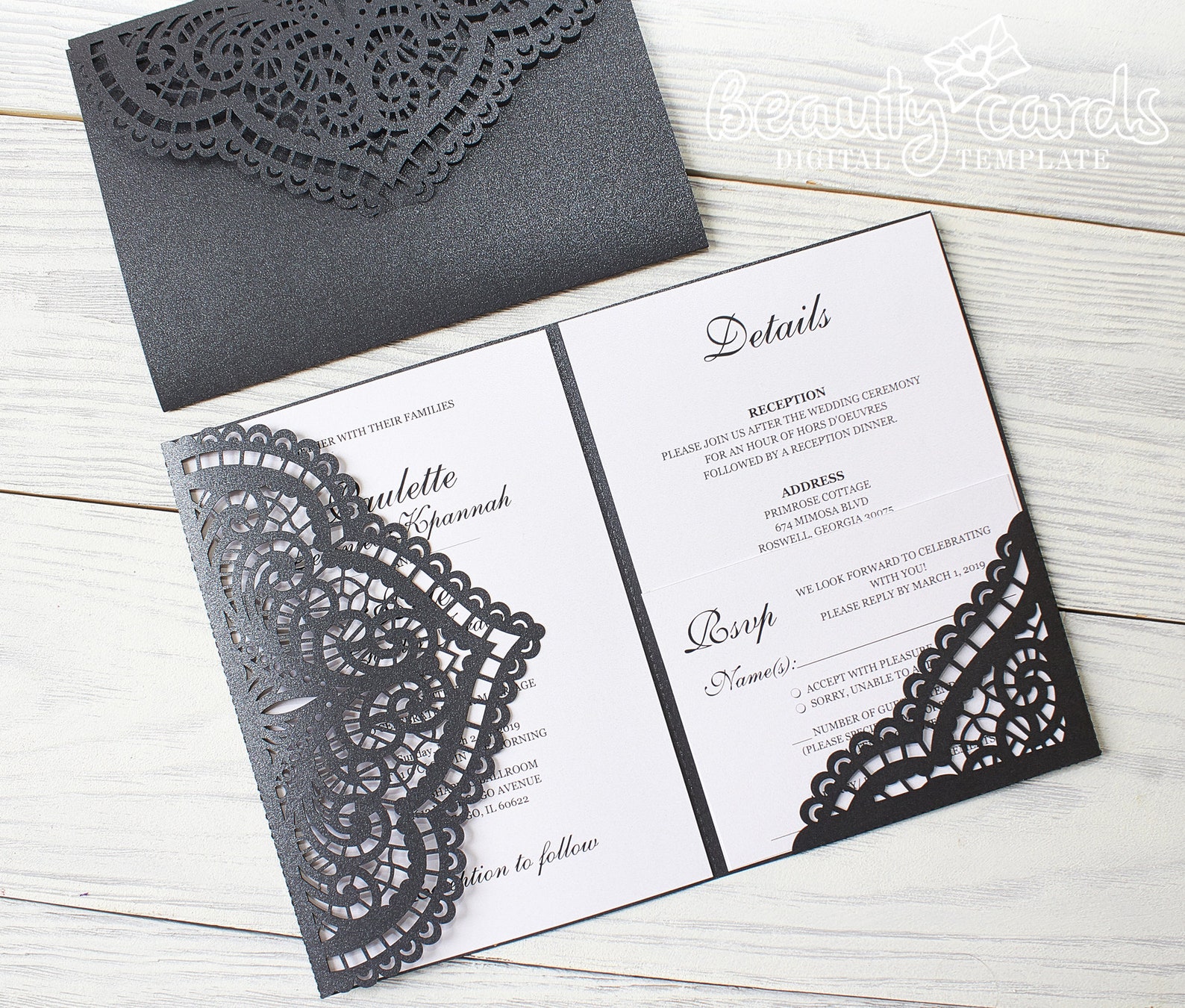 Lace wedding Invitation template SVG envelope trifold for Etsy