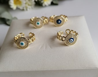 Adjustable gold evil eye ring, evil eye jewelry, dainty ring, dark blue evil eye ring, white evil eye ring, zircon charm ring, joint rings