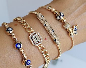 Gold evil eye bracelet, gold evil eye bracelet, zircon charm bracelet, evil eye jewelry, everday bracelet, gold link chain, beaded evil eye