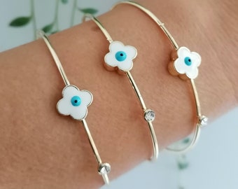 Evil eye cuff bracelet, bangle bracelet, elegant gold bracelet, clover charm bracelet, evil eye jewelry, evil eye beaded bracelet, gifts for