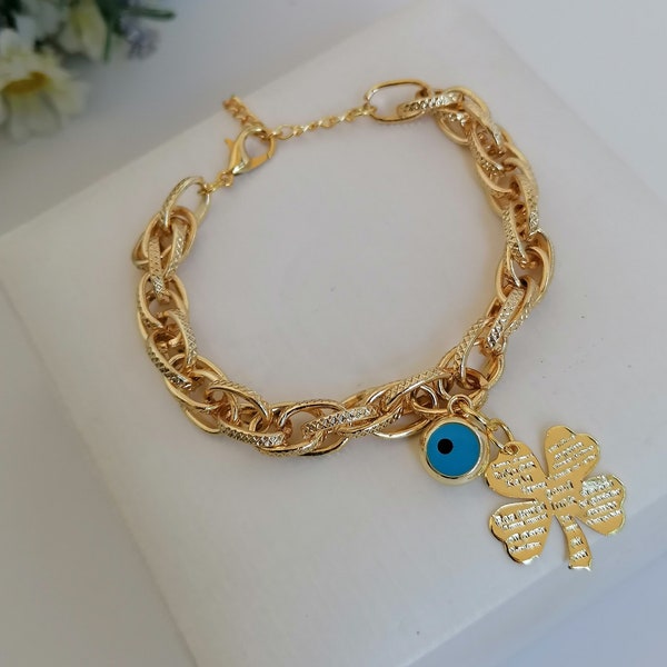 Evil eye bracelet, lucky clover bracelet, good lucky wish, evil eye jewelry, gold chain bracelet, blue evil eye bead, greek eye jewelry,