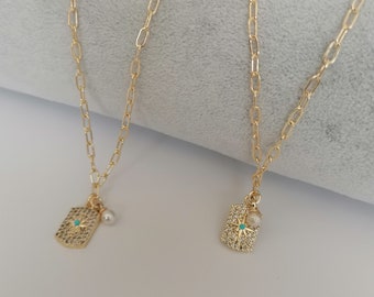 Zirconia necklace, stylish necklace, gold necklace, gold  necklace, modern minimalist necklace, dainty gold necklace, turquoise bead charm